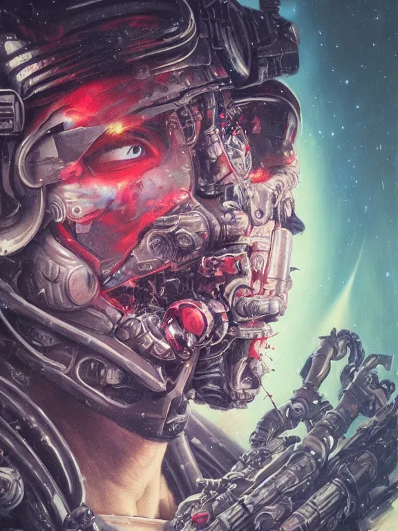 Image similar to art portrait of a space marine ,8k,by tristan eaton,Stanley Artgermm,Tom Bagshaw,Greg Rutkowski,Carne Griffiths, Ayami Kojima, Beksinski, Giger,trending on DeviantArt,face enhance,hyper detailed,minimalist,cybernetic, android, blade runner,full of colour,