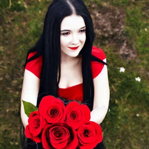 Prompt: long black haired haired woman wearing red and black clothes holding a red rose, highly detailed, 4k