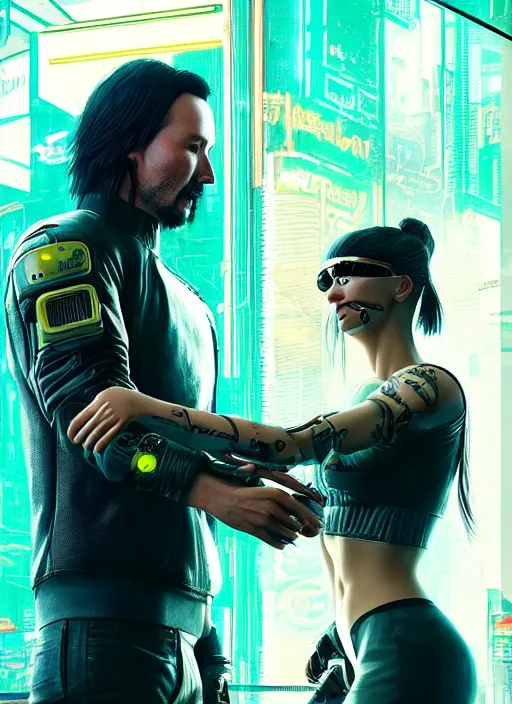 Image similar to a highly detailed photorealistic cyberpunk 2077 couple portrait of Keanu Reeves and female android,lots of electric cable behind,connected to giant computer,couple pose,love,fantasy, intricate, elegant,by Alex Horley and Greg Rutkowski,artstation,deviantart,FAN ART,Unreal Engine,Digital painting,face enhance,8K,golden ratio,cinematic lighting