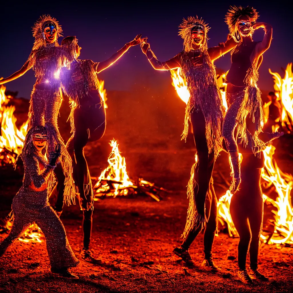 Image similar to portrait of two ravers in friendly costumes with detailed faces, dancing around a fire, photorealistic, dancefloor kismet, diverse costumes, clean composition, desert transition area, bonfire, night, australian desert, zaha hadid, xf iq 4, symmetry, sony a 7 r, 1 5 0 mp, 5 0 mm
