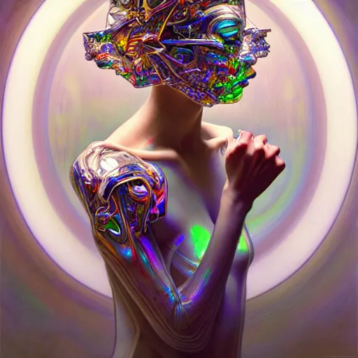 Image similar to psychedelic organic cyborg ballet, white holographic plastic, dramatic lighting, fantasy, intricate, elegant, highly detailed, lifelike, photorealistic, digital painting, artstation, illustration, smooth, sharp focus, art by john collier and albert aublet and krenz cushart and artem demura and alphonse mucha