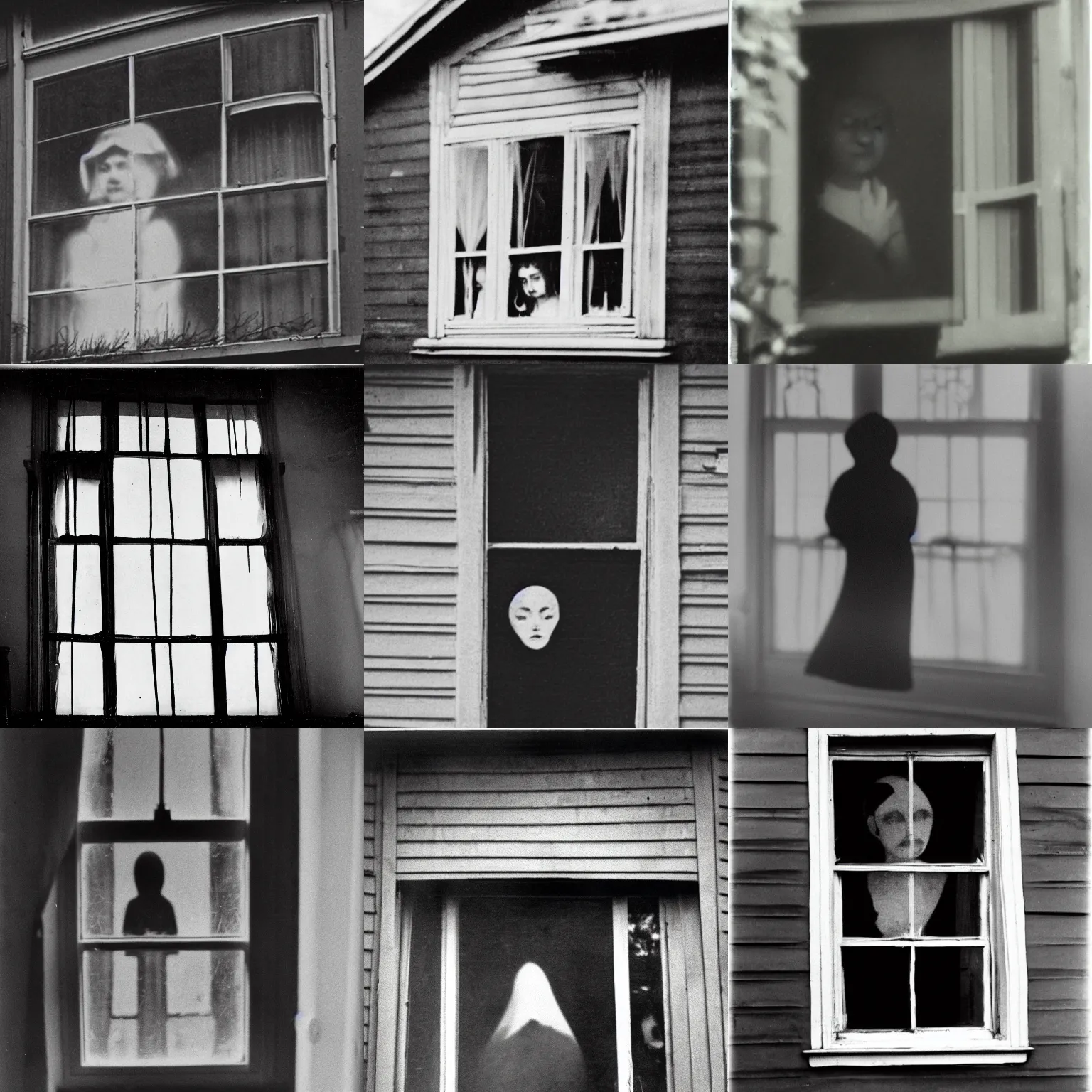 Prompt: black and white old photo of a ghostly girl on a window, old house, creepy, found footage, real