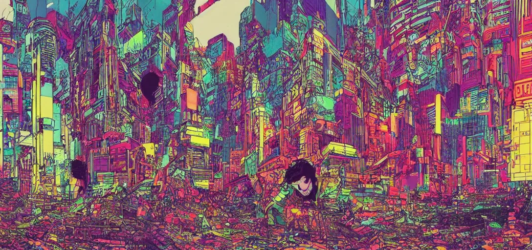 Image similar to A neon cyberpunk psychedelic vision of Acid Communism corroding our capitalist realism present, as speculated by the cultural theorist Mark Fisher in Akira color palette, by Amano, Yoshitaka and Tadao Ando