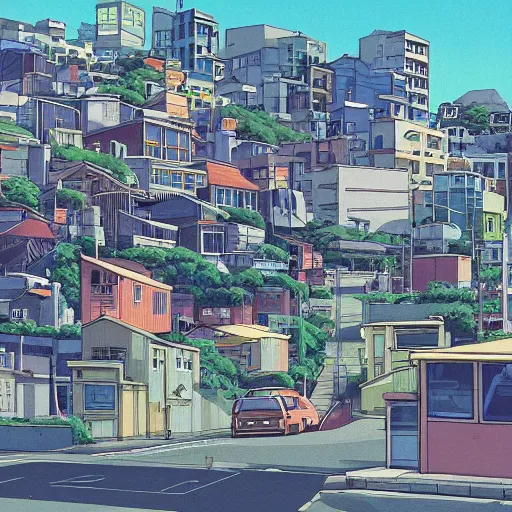 Image similar to city street, sloped street, city on tall hillside, street scene, aquamarine shading panels above street, cel - shading, 2 0 0 1 anime, flcl, jet set radio future, golden hour, japanese town, concentrated buildings, japanese neighborhood, electrical wires, cel - shaded, strong shadows, vivid hues, y 2 k aesthetic