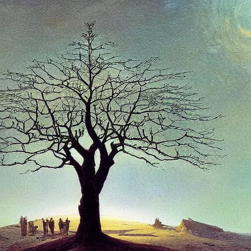 Image similar to a cosmic life tree by caspar david friedrich and albert bierstadt, digital art, artstation, low angle,