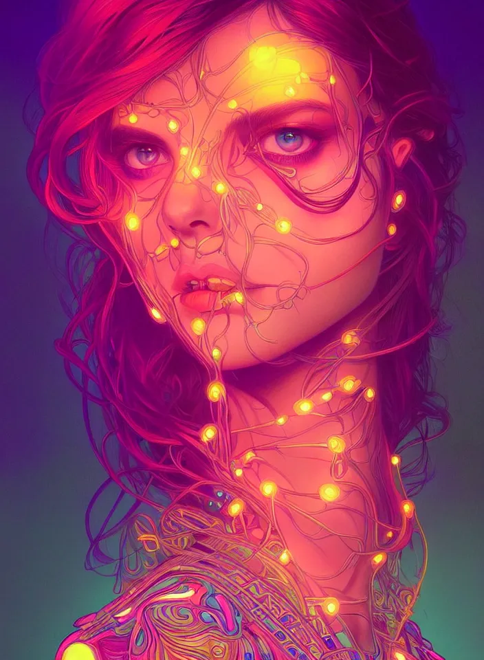 Image similar to symmetry!! portrait of hippie girl, neon glowing lights!! psychedelic, intricate, elegant, highly detailed, digital painting, artstation, concept art, smooth, sharp focus, illustration, art by artgerm and greg rutkowski and alphonse mucha, 8 k