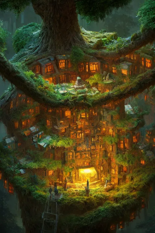 Image similar to a miniature city built into the trunk of a single colossal tree in the forest, with tiny people, in the style of craig mullins, lit windows, close - up, low angle, wide angle, awe - inspiring, highly detailed digital art