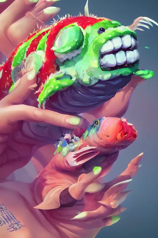 Image similar to 3 d render creature animal sushi cristal very big eye roots cactus elemental flush of force nature micro world fluo fishscale, comics gta 5 cover, official fanart behance hd artstation by jesper ejsing, by rhads, makoto shinkai and lois van baarle, ilya kuvshinov, ossdraws