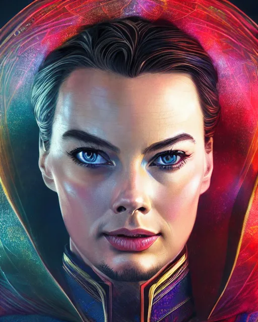 Prompt: margot robbie as doctor strange, beautiful eyes, realistic face, full body, fantasy art, in the style of artgerm, illustration, epic, fantasy, intricate, hyper detailed, artstation, concept art, smooth, sharp focus, ray tracing, vibrant, artgerm, award winning art