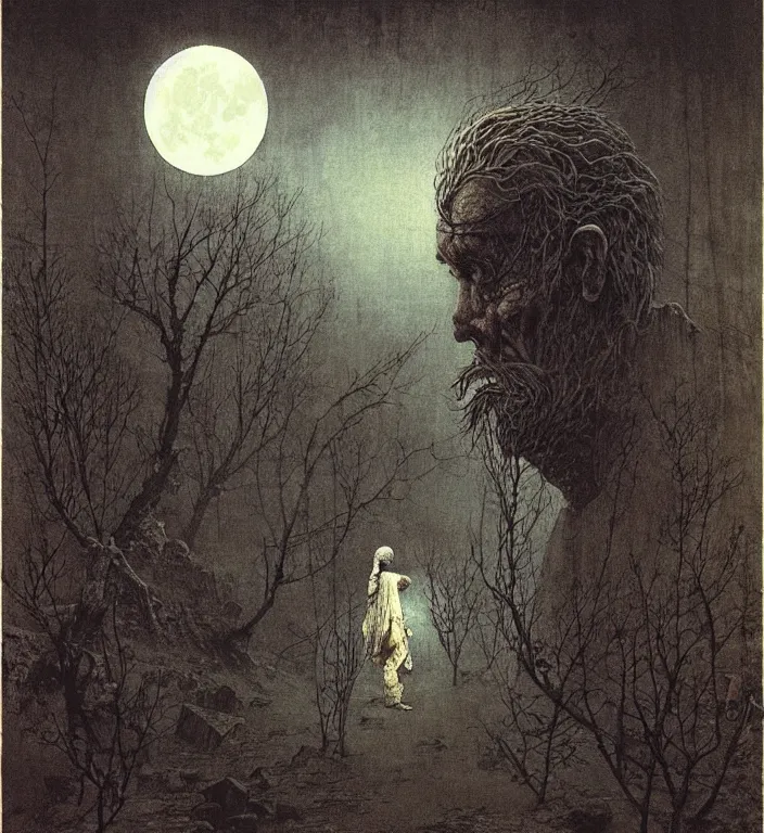 Prompt: old white - headed man under the huge moon on a street of ruined city by beksinski and takato yamamoto, very coherent, baroque elements, vivid colors