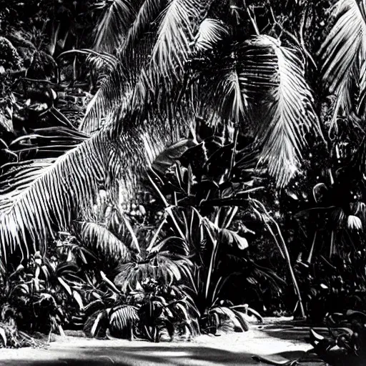 Image similar to a rizom lost film footage of an anthropological sphere in the middle of the tropical jungle / object / abstract / modernism / film still / cinematic / enhanced / 1 9 2 0 s / black and white / grain