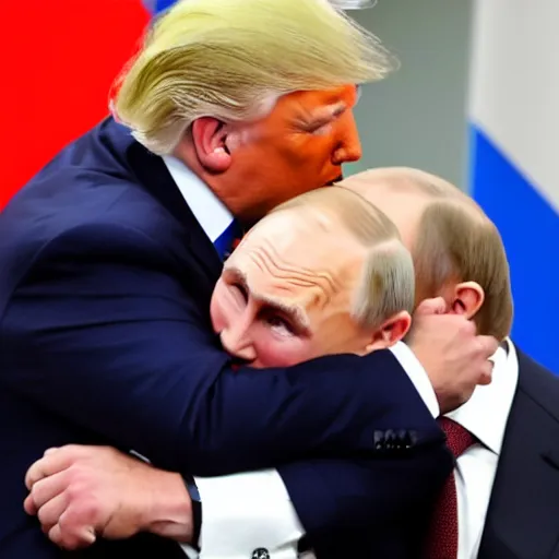 Image similar to donald trump tenderly hugging putin