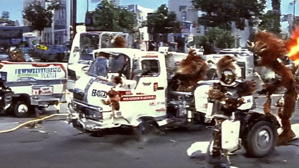 Prompt: Hyperreal Gremlins explode from ejector seats in self aware tokenised milk trucks in downtown silicon valley, film still from banned media Gremlins 3 New World Order, directed by REDACTED circa 1992 | text reads \'Gremlins 3 New World Order\' | Gremlins