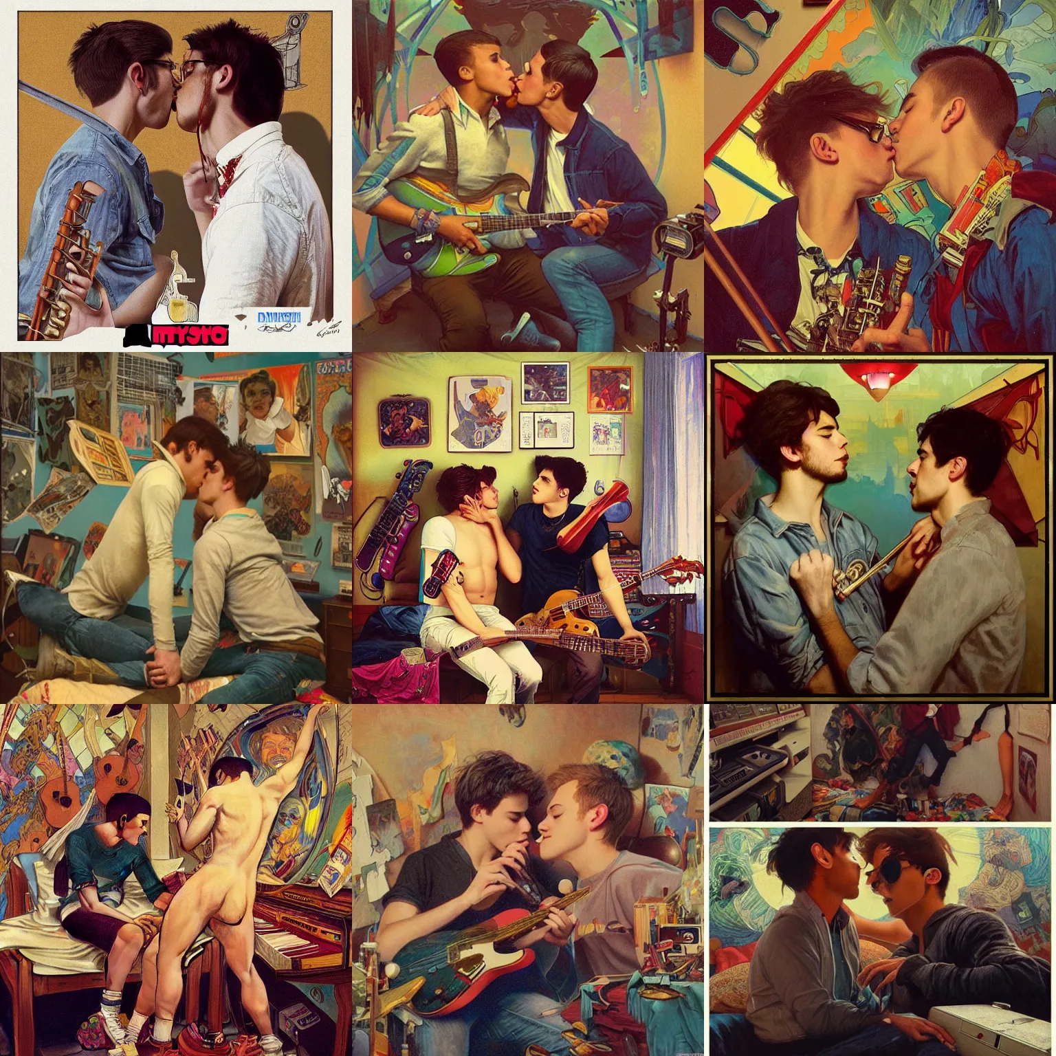 Prompt: two young men kissing in a messy 80s bedroom interior, tons of musical instruments and band posters, hyperrealistic surrealism, award winning masterpiece with incredible details, trending on ArtStation, artgerm and greg rutkowski and alphonse mucha, daily deviation, IAMAG