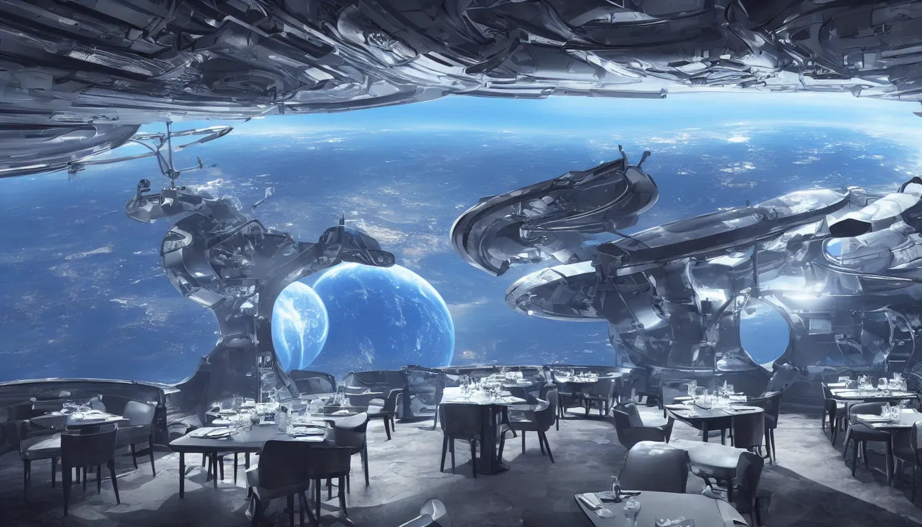 Prompt: a restaurant in low earth orbit with amazing views of earth 🌍 and space, cinematic, dramatic lighting, sci fi, science fiction, blue planet, volumetric lighting, unreal engine