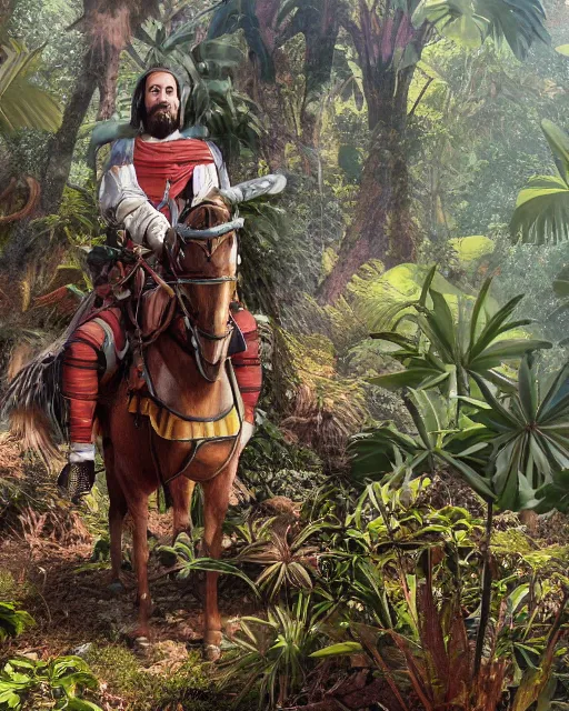 Prompt: 3d render of a spanish conquistador in a dense jungle, art by nicola saviori and studio ghibli