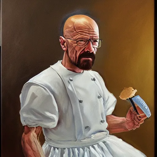 Prompt: Walter white baking cake in a wedding dress oil on canvas