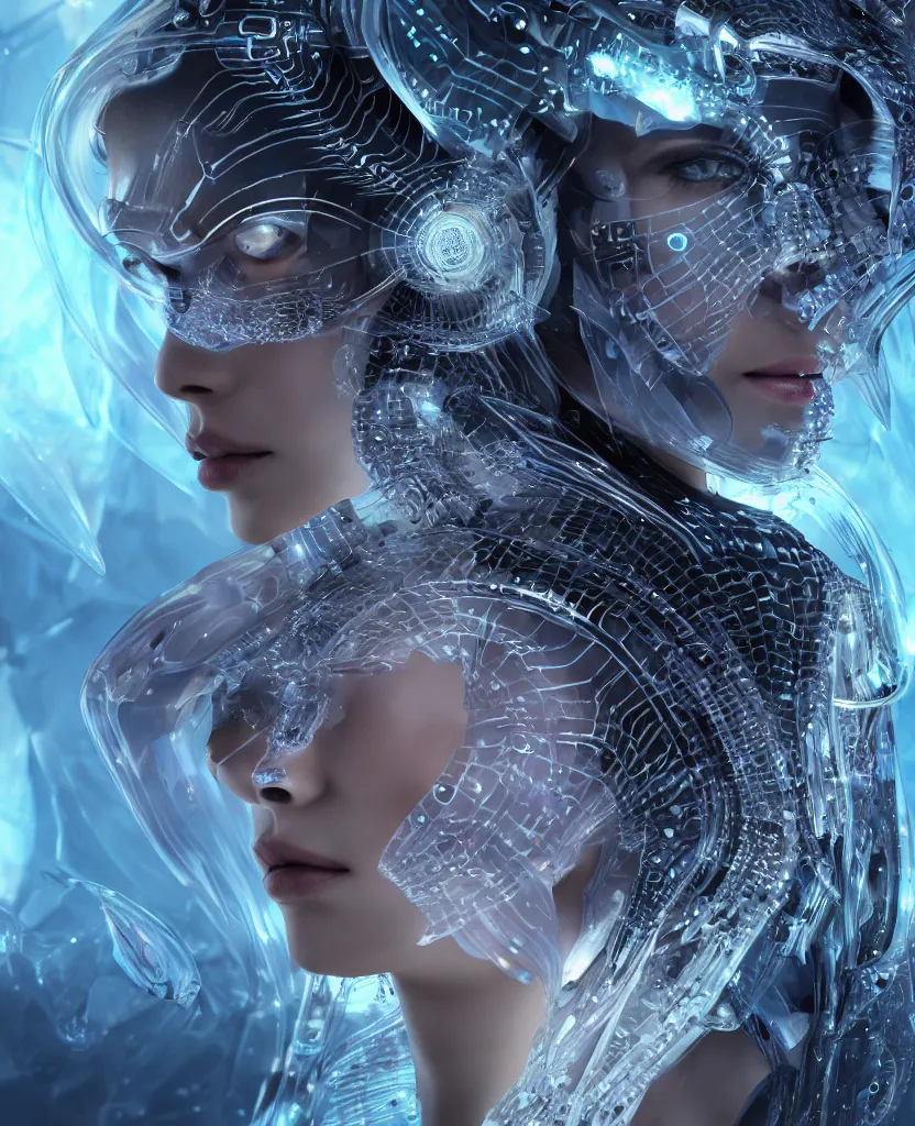 Image similar to epic futuristic ancient close-up macro portrait of the face of a beautiful princess, epic angle and pose, symmetrical artwork, 3d with depth of field, blurred background, cybernetic jellyfish crystal, obsidian, female face skull phoenix bird, translucent, nautilus, energy flows of water and fire. a highly detailed epic cinematic concept art CG render. made in Maya, Blender and Photoshop, octane render, excellent composition, cinematic dystopian brutalist atmosphere, dynamic dramatic cinematic lighting, aesthetic, very inspirational, arthouse. y Greg Rutkowski, Ilya Kuvshinov, WLOP, Stanley Artgerm Lau, Ruan Jia and Fenghua Zhong