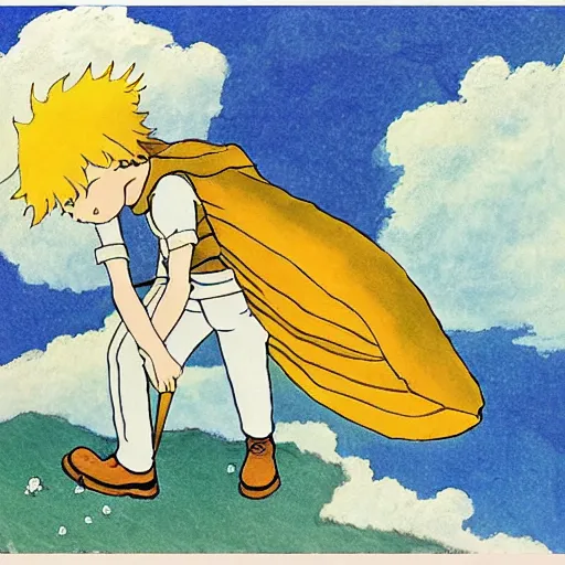 Prompt: illustration to The little prince by antoine de saint-exupéry , in the style of studio ghibli