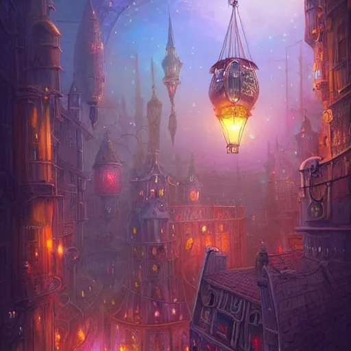 Image similar to a beautiful stunning fantasy whimsical matte digital illustration of a scene of a steampunk! hot - air balloon over a lit steampunk! city at night by marc simonetti, pastel color palette, disney magic the gathering steampunk!!!, chiaroscuro magical! bokeh moon stars dramatic romantic! epic breathtaking, clock tower,, trending on artstation hq, masterpiece