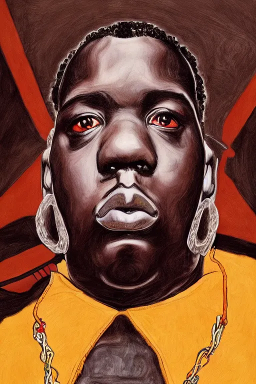 Image similar to a gorgeous portrait of biggie smalls in style of egon schiele, masterpiece, hyperdetailed, complex, intricate, 4 k, trending on artstation