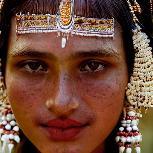 Image similar to portrait of a stunningly beautiful alluring nepalese tribal female, depth of field, zeiss lens, detailed, symmetrical, centered, fashion photoshoot, by annie leibovitz and steve mccurry, david lazar, jimmy nelsson, breathtaking, 8 k resolution, extremely detailed, beautiful, establishing shot, artistic, hyperrealistic, beautiful face, octane render