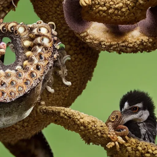 Prompt: Cuckoo chicks in nest being fed by an octopus national geographic photography