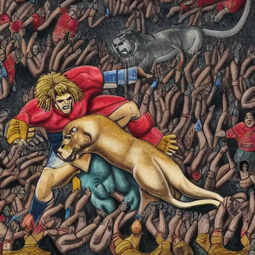 Image similar to hero wrestling against a lion in the middle of an arena, crowd of people, pencil art, added detail, high definiton, colored, aerial view