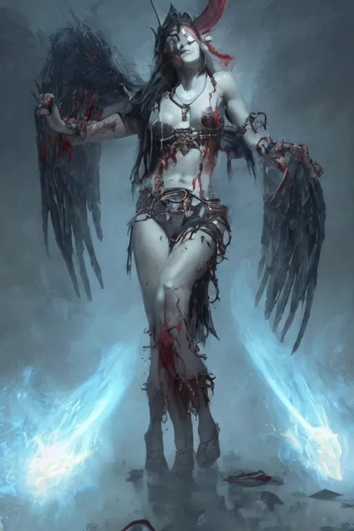 Image similar to beautiful girl necromancer, witch - doctor covered in blood, angels, 3 d render, hyper - realistic detailed portrait, holding fire and electricity, ruan jia, wlop. scifi, fantasy, magic the gathering, hyper detailed, octane render, concept art, peter mohrbacher