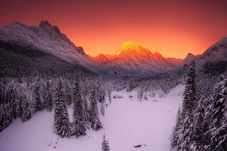 Prompt: amazing landscape photo of snowy mountains at sunset by marc adamus beautiful dramatic lighting