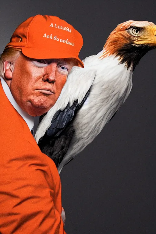 Prompt: Close-up portrait of Donald Trump in jail wearing orange clothes with an American bald eagle attacking him, octane, dramatic lighting, editorial photo, 35mm, very detailed