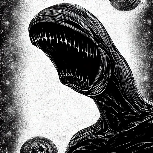 Prompt: A monster from within a black hole, alien in nature, brutal and vast, powerful and hungry :: by Mike Deodata