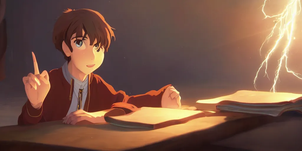 Image similar to a young boy mage with a brown cloak and brown hair is standing at his desk working on a new spell, colorful, flowing energy, light rays, anime boy, boy, consistent face, anime boy face, medium shot, waist up, pixar and disney animation, sharp, by greg rutkowski and makoto shinkai, bloom, dramatic lighting, cinematic