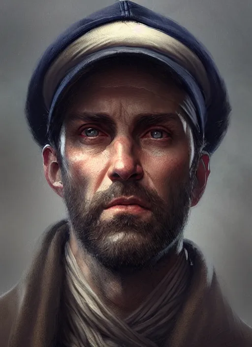 Prompt: portrait of a rugged man wearing a sailors cap, victorian, concept art, detailed face, fantasy, close up face, highly detailed, cinematic lighting, digital art painting by greg rutkowski