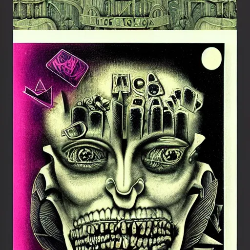 Image similar to post - punk new age album cover, asymmetrical design, frame of a dollar bank notes, capitalism, magic, apocalypse, psychedelic, black white pink, magic, giger h. r., giuseppe arcimboldo