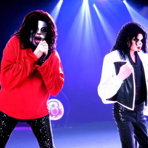 Prompt: kevin smith and michael jackson performing together at the standup show, realistic photo, 8k, light falling on the stage, highly detailed, hyperrealistic, very detailed