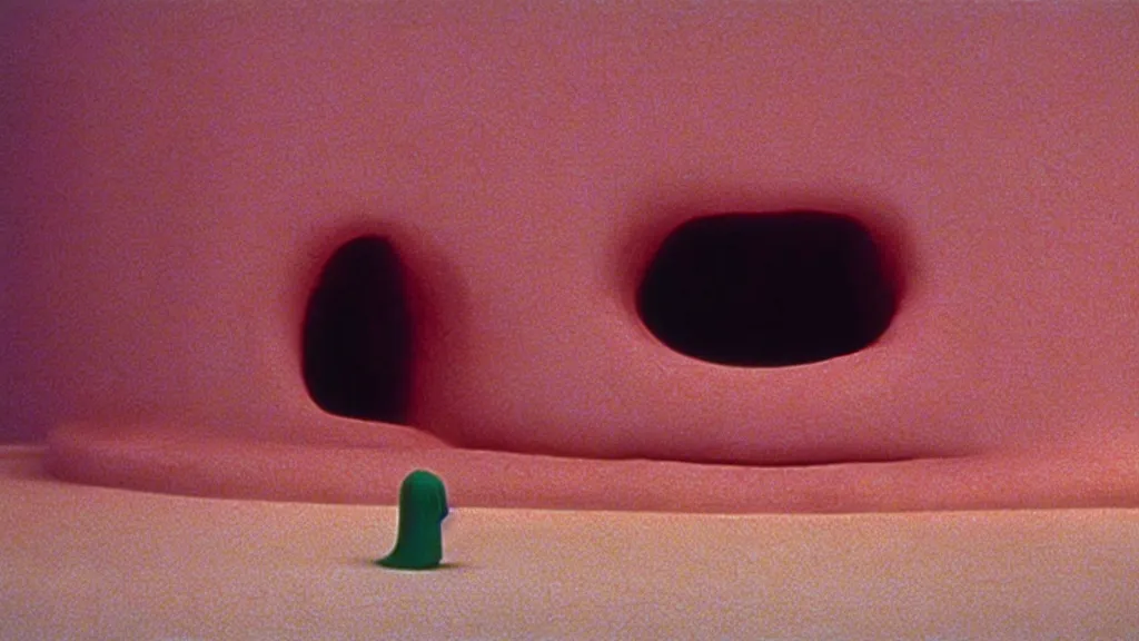 Image similar to the giant tongue waits in the refrigerator , film still from the movie directed by Wes Anderson with art direction by Zdzisław Beksiński, wide lens