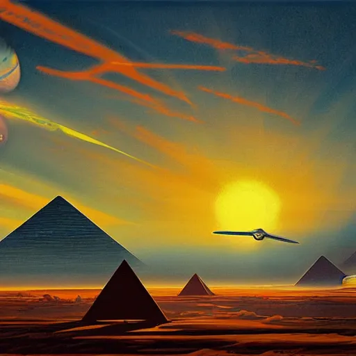 Prompt: sci - fi sunset landscape in the style of ralph mcquarrie, oil on canvas, pyramids over looking spaceport