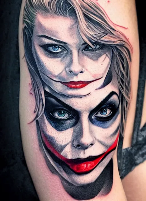 Prompt: tattoo design of margot robbie with joker makeup, ace card, realistic face, black and white, realism tattoo, hyper realistic, highly detailed