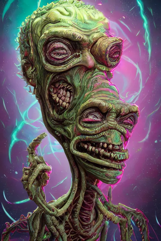 Image similar to rick and morty fused with a lovecraft space frankenstein, no eyes, weird smile, horror, photo, portrait, 3d, high details, intricate details, by vincent di fate, artgerm julie bell beeple, 90s, Smooth gradients, octane render, 8k, volumetric lightning, High contrast, duo tone, depth of field, very coherent symmetrical artwork