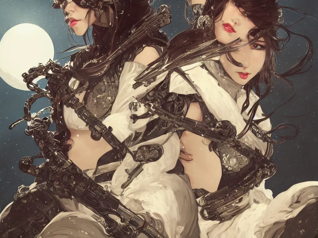 Image similar to portrait ninja gaiden girl, armored dieselpunk wardrobe, at snowy fuji mountain moonlight, ssci - fi and fantasy, intricate and very beautiful and elegant, highly detailed, digital painting, artstation, concept art, smooth and sharp focus, illustration, ( ( art by tian zi and wlop and alphonse mucha ) )