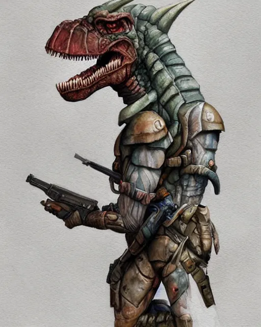 Image similar to a watercolor painting full body character portrait of a humanoid dinosaur soldier / mercenary in the style of moebius in the style of leonard boyarsky trending on artstation deviantart pinterest furaffinity detailed photorealistic highlights and shadow hd 8 k post - processing high resolution