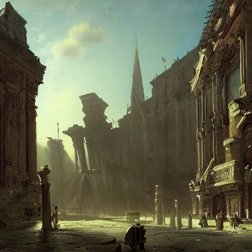 Image similar to painting of a scifi ancient civilzation victorian, brutalist architecture, beon signs, andreas achenbach