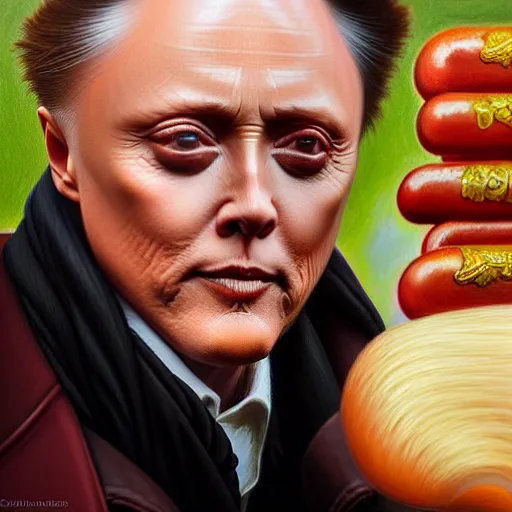 Image similar to Christopher Walken as a NYC hot dog vendor, closeup, D&D, fantasy, intricate, elegant, highly detailed, digital painting, artstation, concept art, matte, sharp focus, illustration, hearthstone, art by Artgerm and Greg Rutkowski and Alphonse Mucha