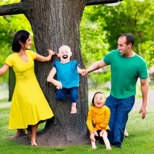 Image similar to family of circle shapes pushing kid on a tree swing, modern cartoon style, bold colors, indigo, mustardy yellow, pea green