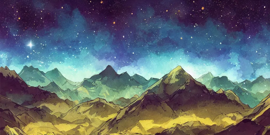 Prompt: stunning mountain landscape with sky full of galaxies by posuka demizu