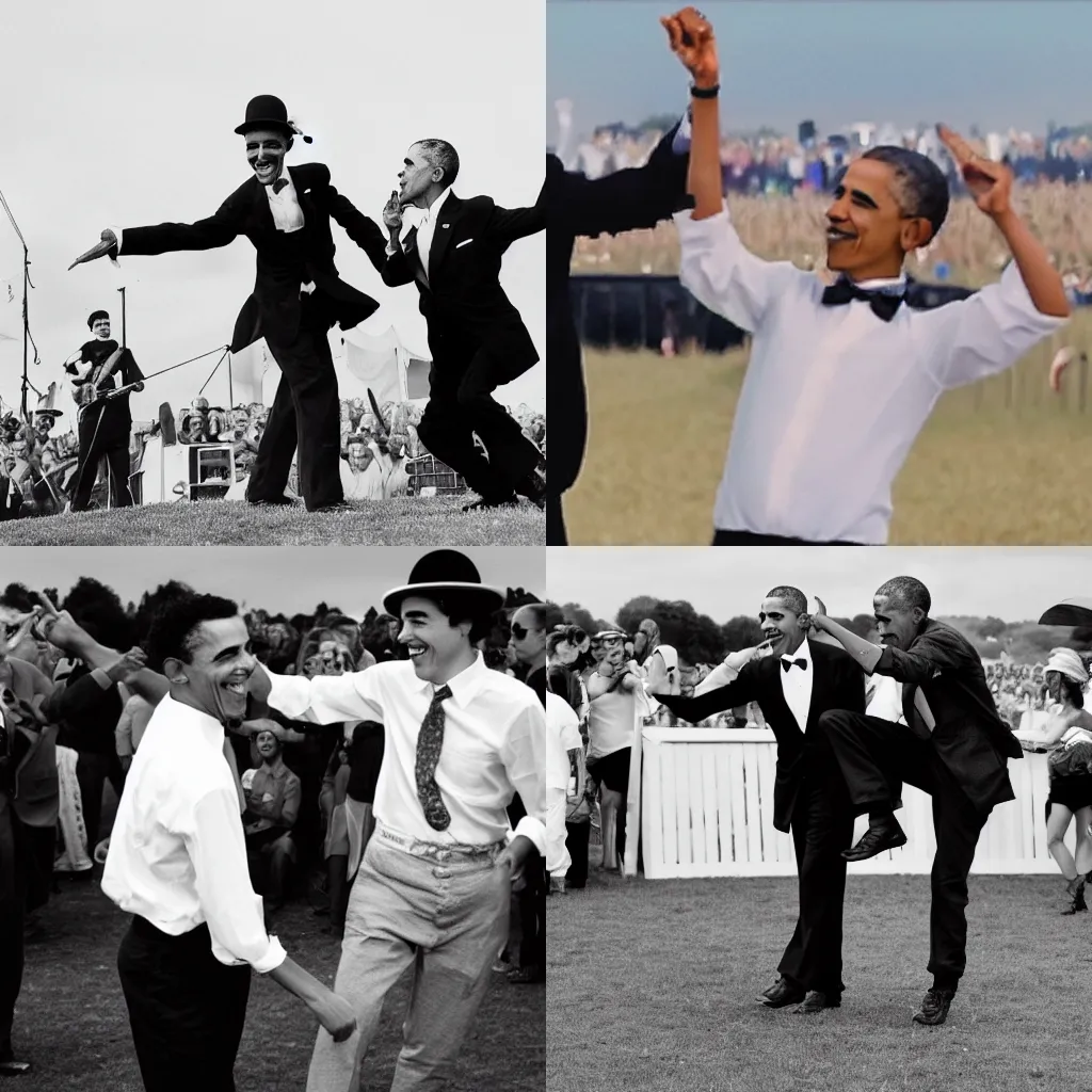 Prompt: obama dancing with charlie chaplin at Glastonbury festival, 4k