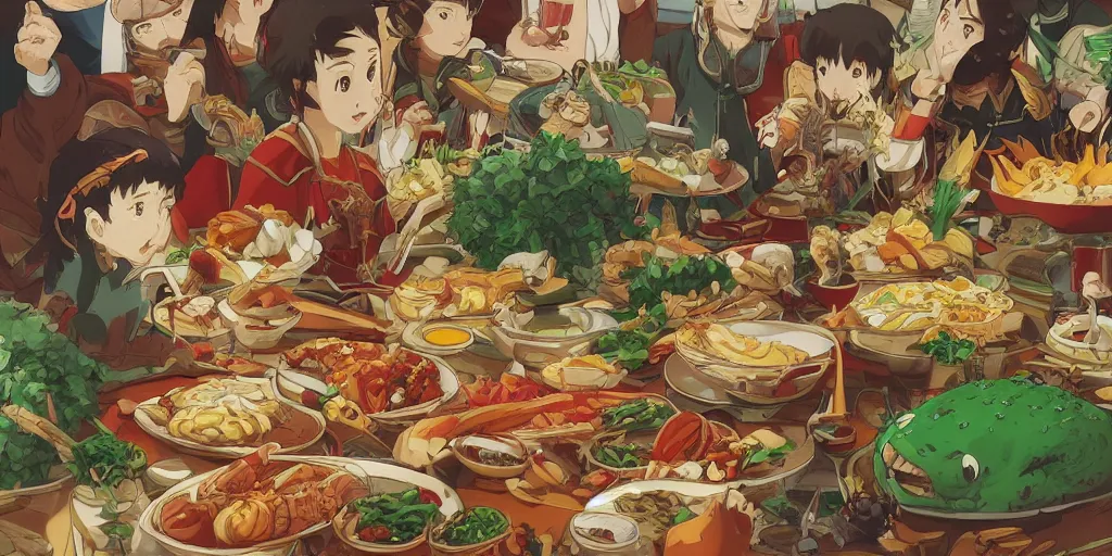 Prompt: A feast for a king, very detailed, anime, Delicious, Plump, Juicy, Hot Food, large white border, hd, high resolution print :1 Red, Gold and Green by Sachin Teng, Hayao Miyazaki, Nausicaa, studio Ghibli style, Anime wallpaper, cell shading, trending on deviant art :1