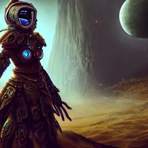 Image similar to space druid wearing ancient armor while traveling a barren planet, fantasy apocalypse, digital art, unreal engine, 4 k, highly detailed,