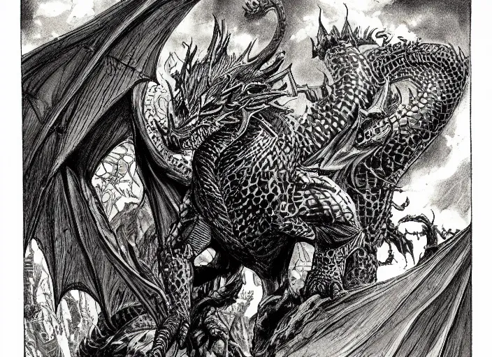 Image similar to intricate fantasy comic book drawing of a giant dragon over a castleby dariusz zawadski and alan lee and gris grimly, cinematic, epic